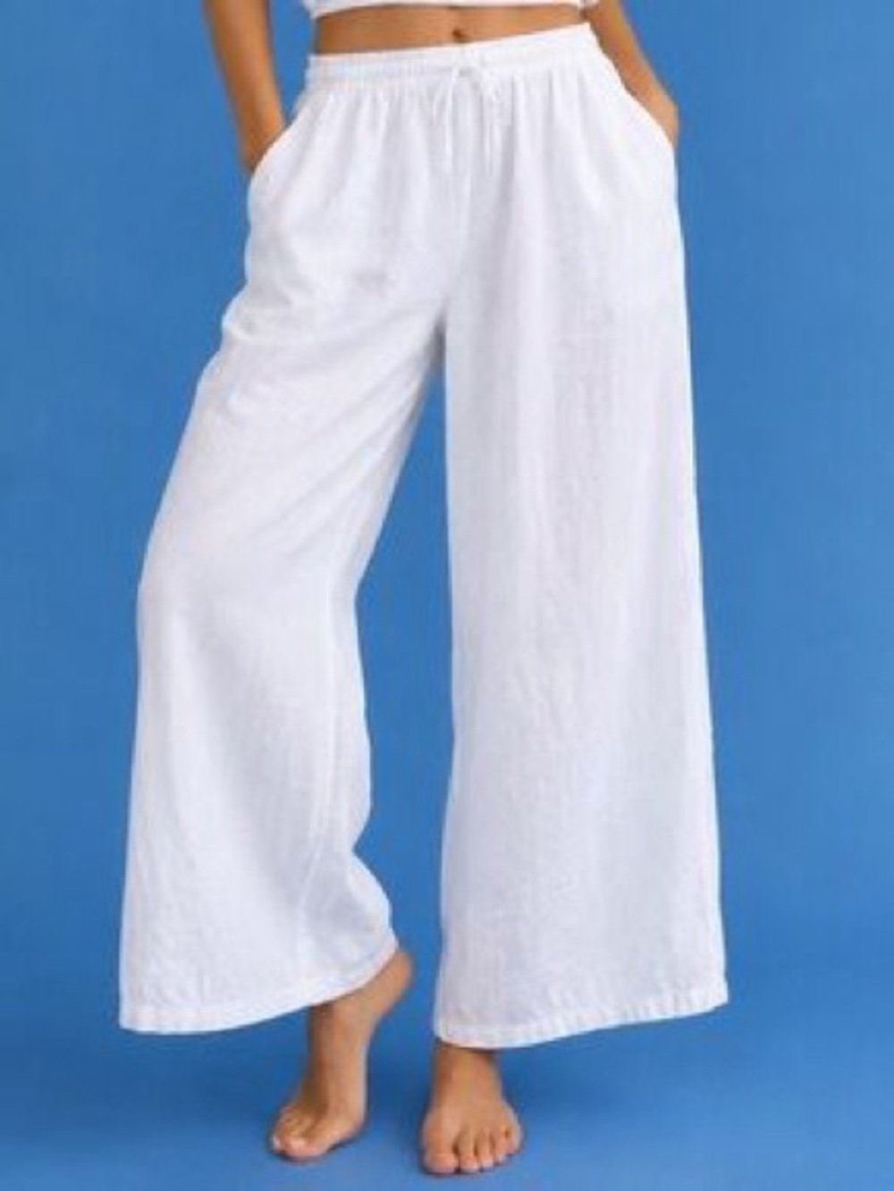 Calypso St. Barth 100% Linen Wide Leg Drawstring Pants White Large